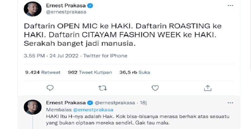 Ernest Prakasa Kritik Baim Wong Daftarin HAKI Citayam Fashion Week